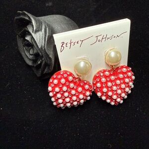 Betsey Johnson Red and Pearl Heart Earrings